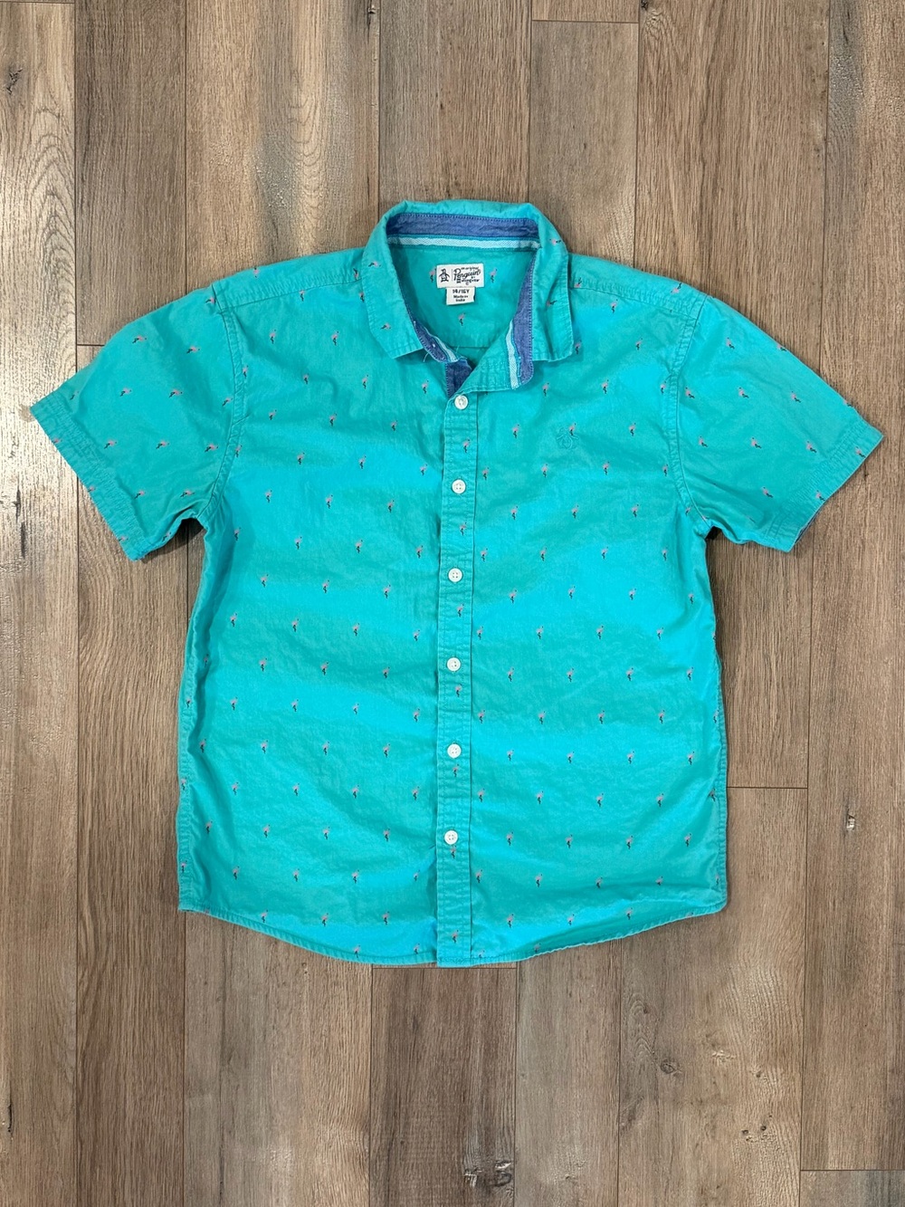 Original Penguin Teal Short-Sleeve Button-Down Shirt with Palm Print